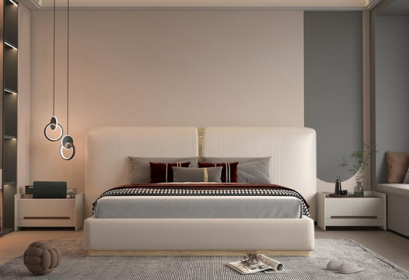 Letto beige di lusso con accenti dorati design moderno testata per camera da letto