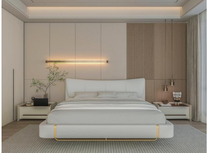 Letto grigio di lusso con accenti dorati design moderno e testiera confortevole
