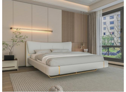 Letto grigio di lusso con accenti dorati design moderno e testiera confortevole