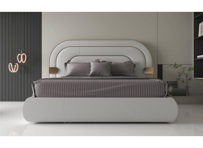 Letto grigio di lusso con accenti dorati design moderno e testiera imbottita