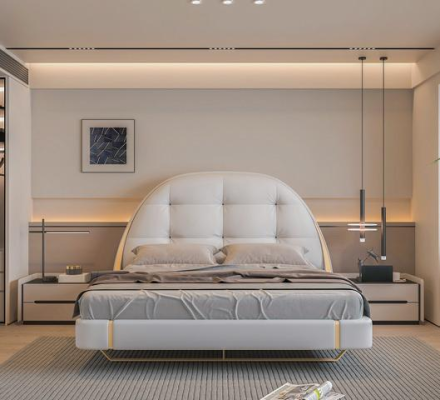 Letto grigio di lusso con accenti dorati testata rotonda design moderno camera da letto