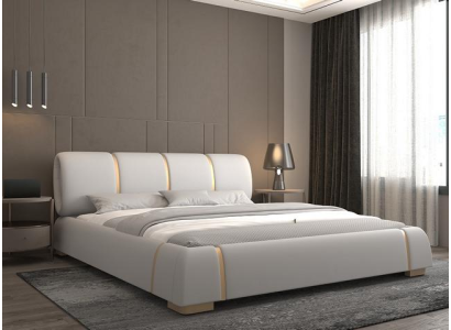 Letto di lusso con accenti dorati Design moderno Testata imbottita Camera da letto