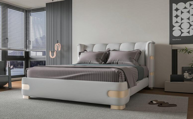 Letto grigio di lusso con accenti dorati testata imbottita camera da letto moderna