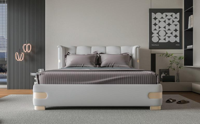 Letto grigio di lusso con accenti dorati testata imbottita camera da letto moderna