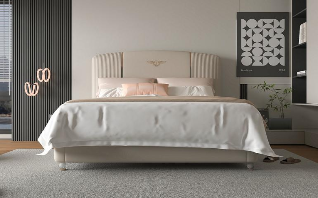 Letto beige di lusso con testiera imbottita design moderno
