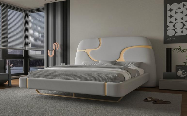 Letto di lusso con accenti dorati Design moderno Testata imbottita Camera da letto