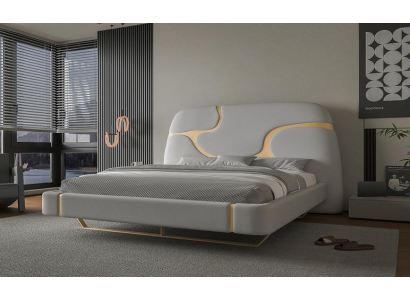 Letto di lusso con accenti dorati Design moderno Testata imbottita Camera da letto