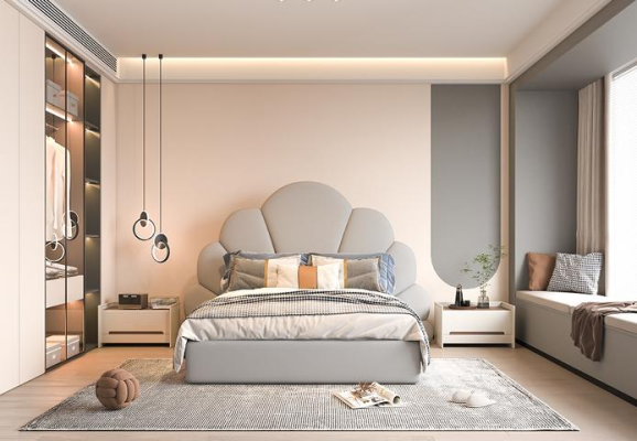 Letto grigio di lusso con testata floreale design imbottito moderno