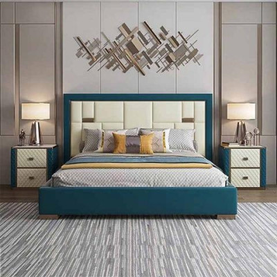 Letto blu di lusso con testiera imbottita design moderno e colori accentuati