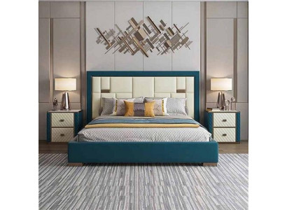 Letto blu di lusso con testiera imbottita design moderno e colori accentuati