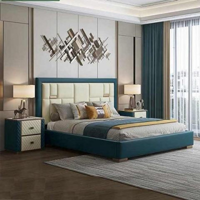 Letto blu di lusso con testiera imbottita design moderno e colori accentuati