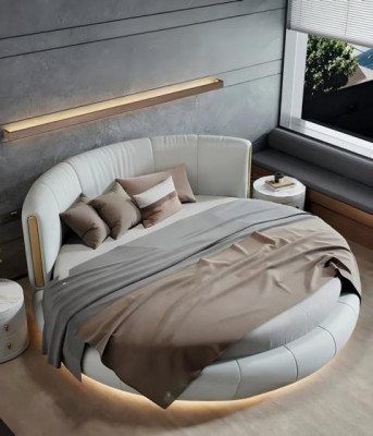 Letto rotondo esclusivo grigio beige in pelle design moderno per camera da letto