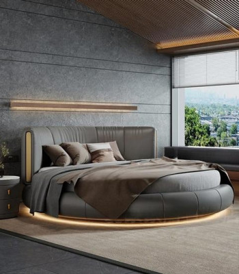 Letto rotondo esclusivo grigio beige in pelle design moderno per camera da letto