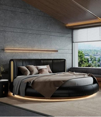 Letto rotondo esclusivo grigio beige in pelle design moderno per camera da letto