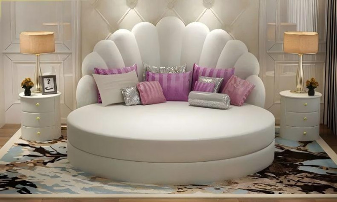 Elegante letto rotondo bianco design shell imbottito viola argento moderno camera da letto