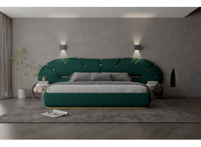Letto di lusso verde con accenti dorati design a ventaglio per camera da letto moderna