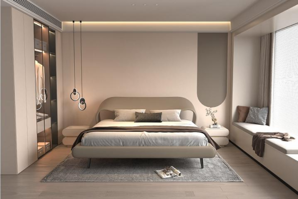 Letto elegante grigio design curvo imbottito minimalista