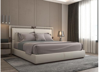 Letto di lusso design moderno beige con accenti marroni e testata elegante