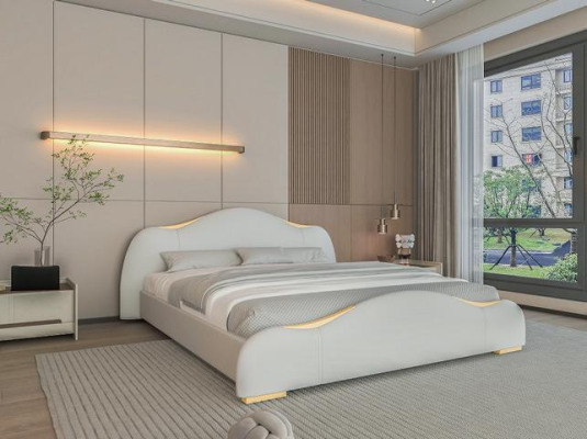 Letto di lusso design moderno grigio con accenti dorati e testata elegante