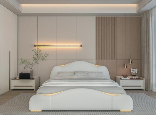 Letto di lusso design moderno grigio con accenti dorati e testata elegante