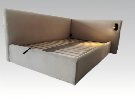 Letto imbottito beige in tessuto stile moderno hotel con illuminazione LED e testata angolare look lusso