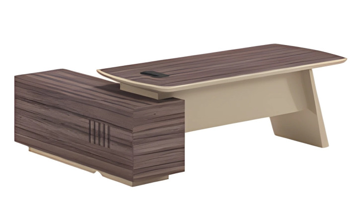 Scrivania moderna beige marrone effetto legno con superficie di appoggio e presa