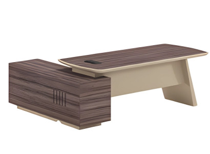 Scrivania moderna beige marrone effetto legno con superficie di appoggio e presa