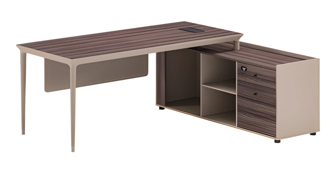 Scrivania beige con struttura in legno, spazio di archiviazione e design moderno per ufficio