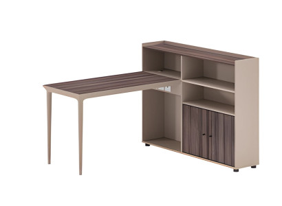 Combinazione scrivania e scaffale effetto legno marrone beige moderna con molto spazio di archiviazione per ufficio