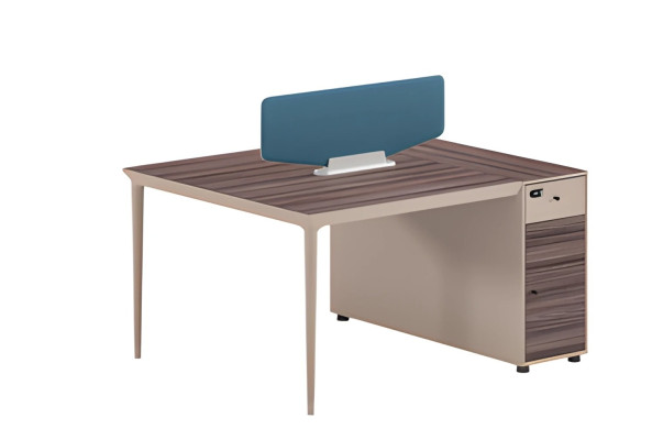 Scrivania con pannello divisorio design effetto legno marrone beige con cassetti e chiusura blu