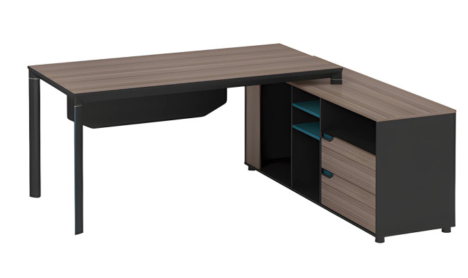 Scrivania angolare moderna effetto legno marrone nero design con ripiani e cassetti