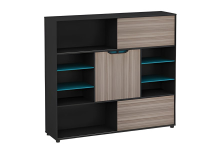 Mobile sideboard in legno, marrone e nero, moderno, con porte e ripiani, blu, per ufficio