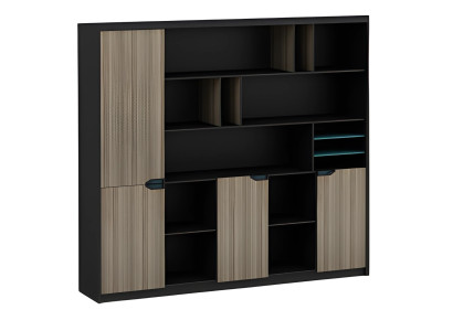 Armadio da ufficio parete in legno effetto marrone nero moderno con porte e ripiani per cartelle blu
