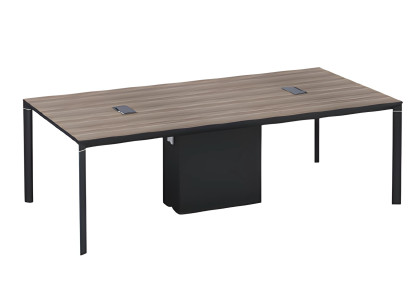Tavolo da conferenza in legno marrone e nero con passacavi e design moderno