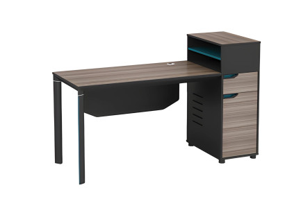 Scrivania effetto legno marrone nero con spazio di archiviazione e passacavi per ufficio