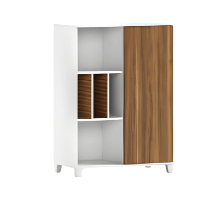 Armadio moderno in legno e bianco con scomparti aperti e porte eleganti