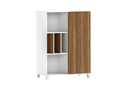 Armadio moderno in legno e bianco con scomparti aperti e porte eleganti