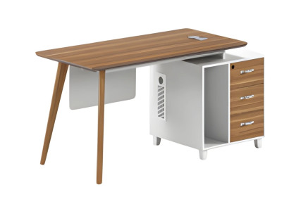 Scrivania moderna in legno e bianco con spazio di archiviazione e gambe in legno eleganti