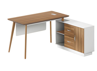 Scrivania in legno e bianco con spazio di archiviazione, design elegante e gambe sottili