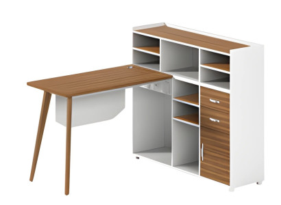 Scrivania in legno e bianco con spazio di archiviazione, scomparti aperti e gambe eleganti