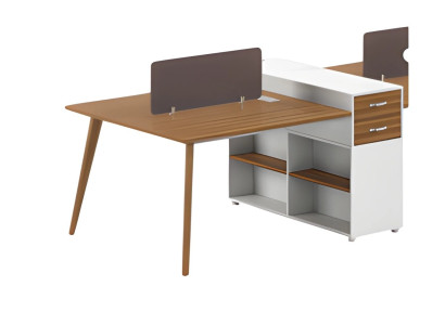 Scrivania alla moda con superficie in legno, pareti divisorie e spazio di archiviazione integrato