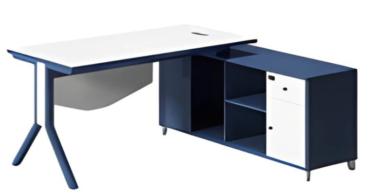 Scrivania elegante con superficie di lavoro bianca e spazio di archiviazione integrato blu