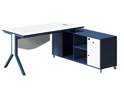 Scrivania elegante con superficie di lavoro bianca e spazio di archiviazione integrato blu