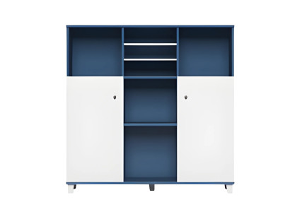 Armadio da ufficio moderno in blu e bianco con ripiani aperti e porte chiudibili