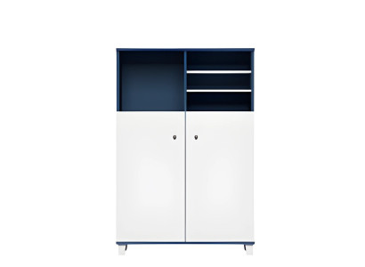 Armadio da ufficio moderno in blu e bianco con ripiani e porte chiudibili a chiave