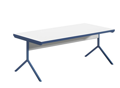 Scrivania moderna con superficie bianca e base in metallo blu design elegante