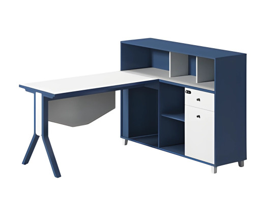 Scrivania blu e bianca con spazio di archiviazione, ripiani aperti e gambe eleganti