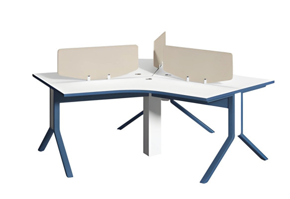 Scrivania angolare blu e bianca con parete divisoria per arredamento da ufficio