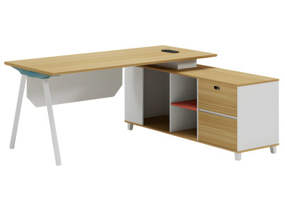 Scrivania moderna con spazio di archiviazione e design bianco effetto legno e ripiano