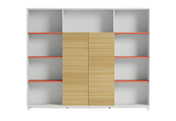 Armadio da ufficio con ripiani in legno e accenti arancioni elegante